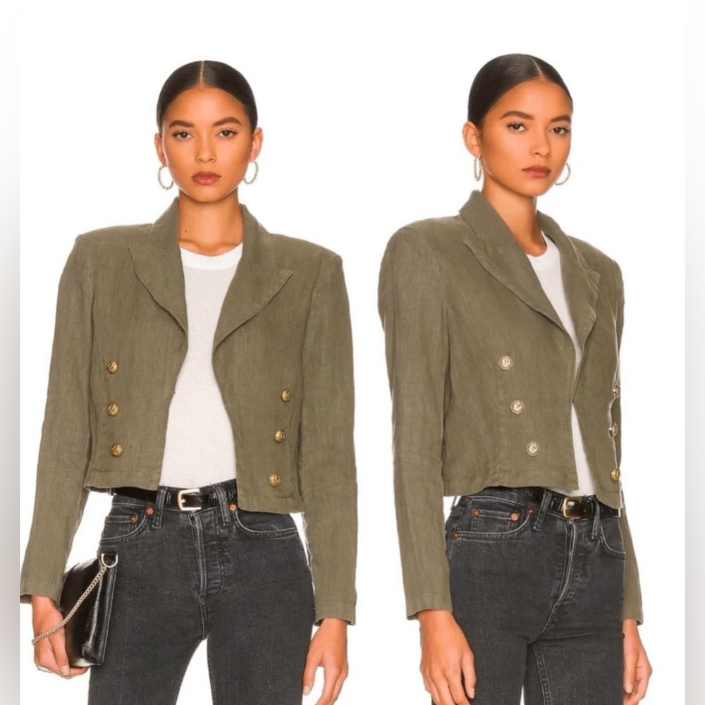 L’AGENCE | SZ Medium | Dolly Olive Green Cropped Military Style Blazer | Linen - Picture 3 of 11